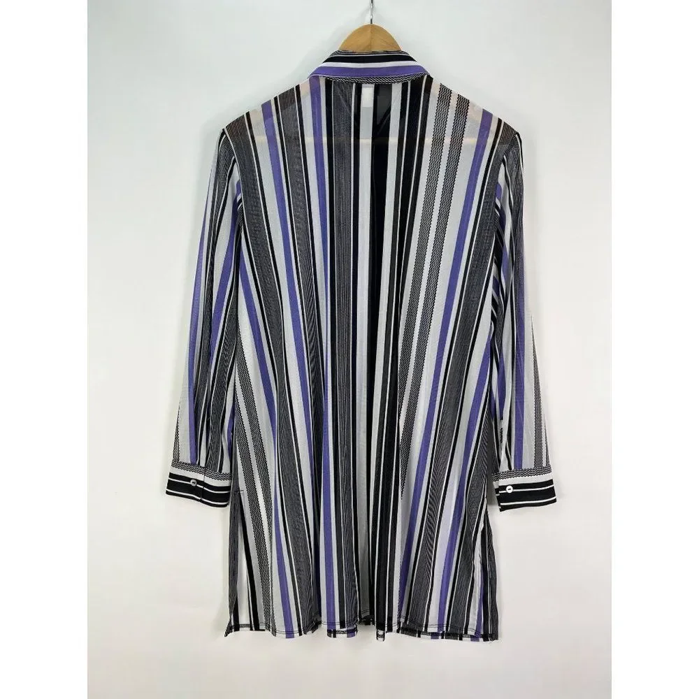 Chico's Travelers sz 2 P womens L Long sleeve semi sheer striped button up top - Picture 5 of 6